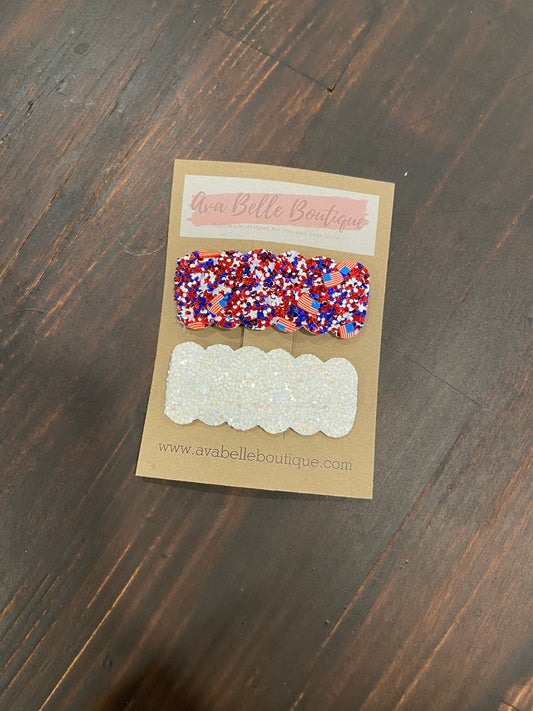 4th of July Snap Clips - White and Flag Glitter