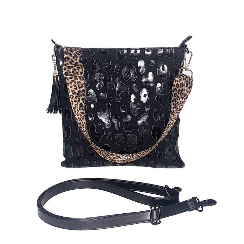 Black Leather Cheetah Print cross body