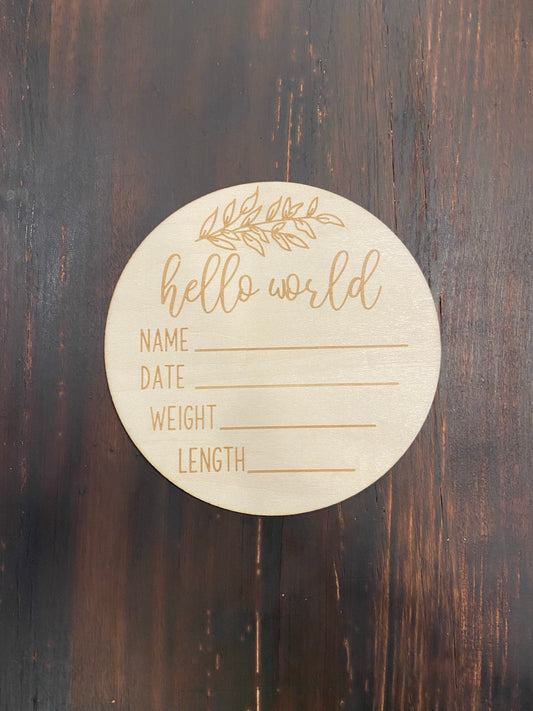 “HELLO WORLD” newborn announcement sign