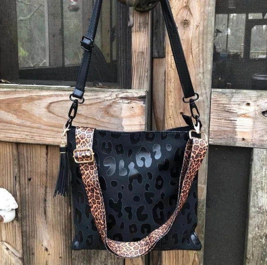 Black Leather Cheetah Print cross body