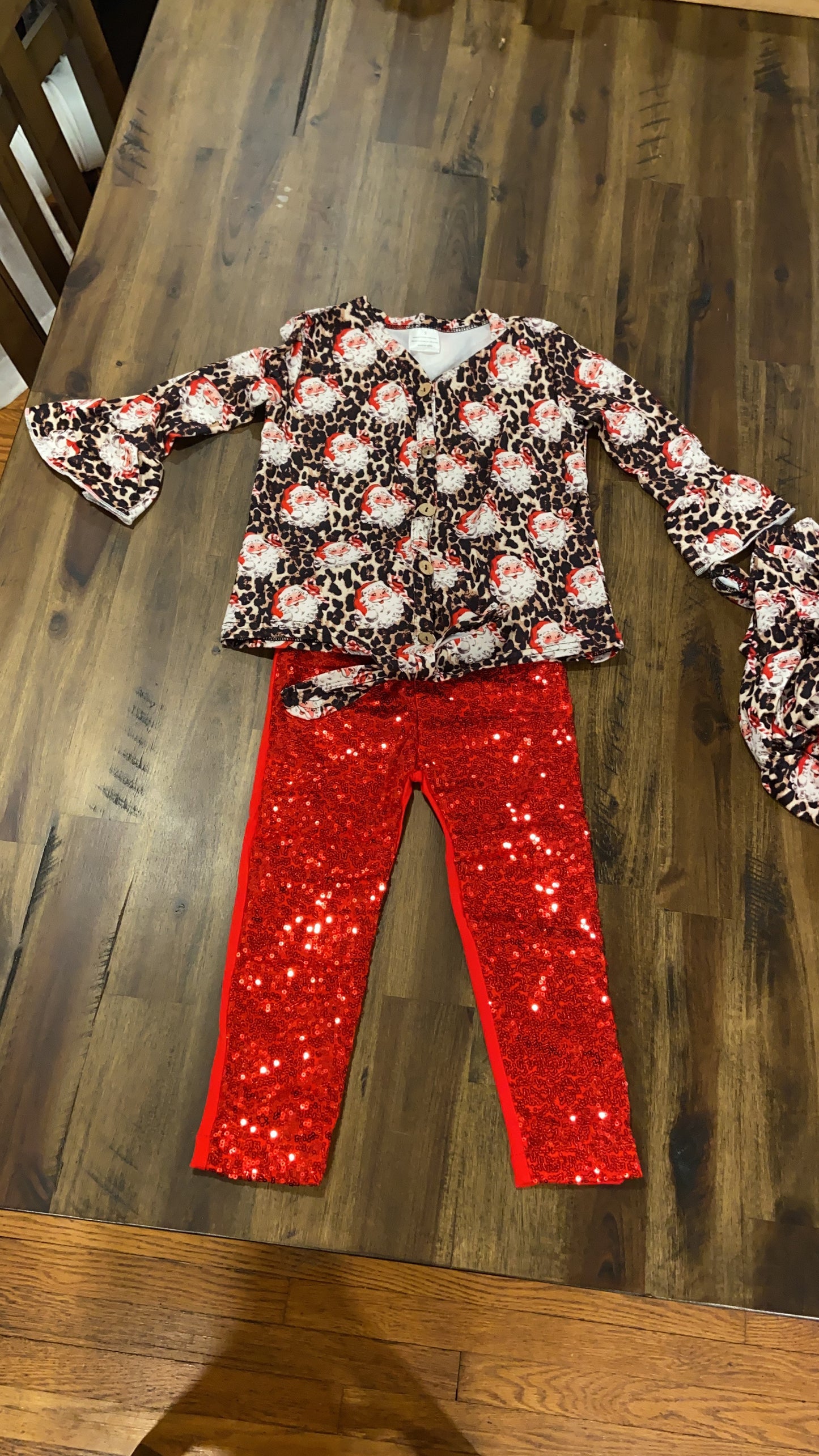 Cheetah Prints Santa Tie Top and Sequin Pants